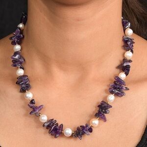 NWOT African Amethyst Chips and Freshwater Pearl Necklace in 18K YG Plated